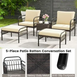 Tangkula 5 Piece Patio Conversation Set, Outdoor Wicker Chair Set w/Ottomans & Coffee Table
