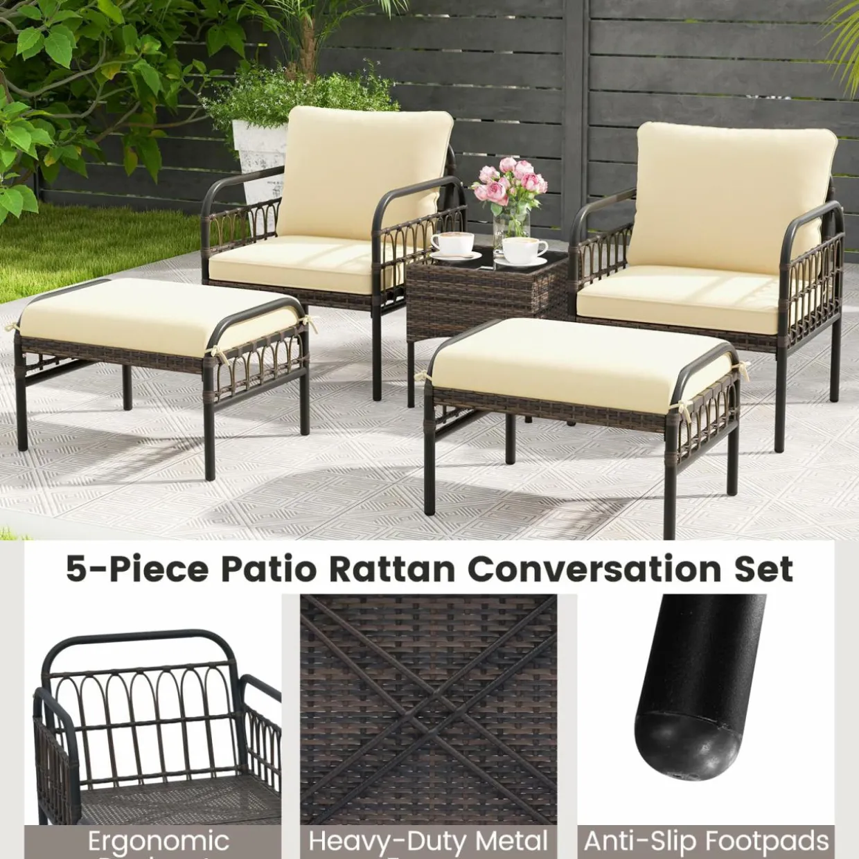 Tangkula 5 Piece Patio Conversation Set, Outdoor Wicker Chair Set w/Ottomans & Coffee Table