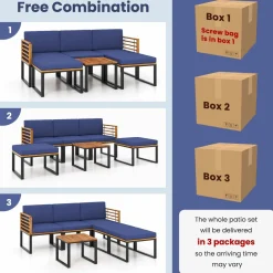 Tangkula 6 Piece Patio Conversation Sofa Set, Acacia Wood Chair Set with Ottomans & Coffee Table