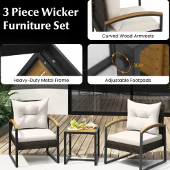 Tangkula 3 Piece Patio Conversation Set, includes 2 Rattan Chairs and Coffee Table, Solid Acacia Wood Armrests & Tabletop