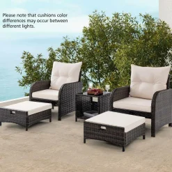 Tangkula 5 Piece Patio Conversation Set, Patiojoy Outdoor Rattan Sofa Set w/ 2 Chairs, 2 Ottomans & 1 Coffee Table
