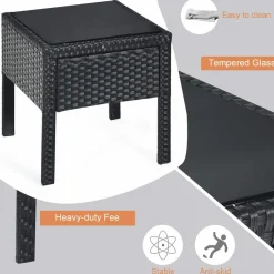 Tangkula 3 Piece Patio Conversation Set, Outdoor Rattan Sofa Set with White Seat Cushions & Coffee Table