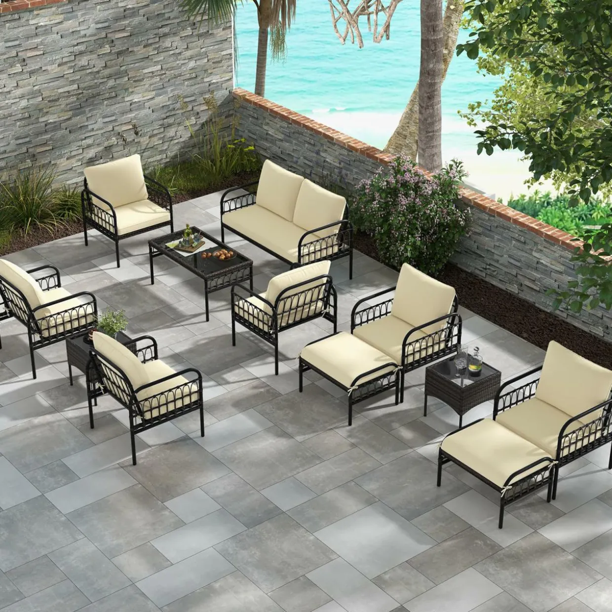 Tangkula 5 Piece Patio Conversation Set, Outdoor Wicker Chair Set w/Ottomans & Coffee Table