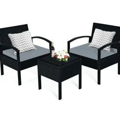 Tangkula 3 Piece Patio Conversation Set, Outdoor Rattan Sofa Set with White Seat Cushions & Coffee Table