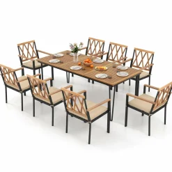 Tangkula 9 Piece Patio Dining Set, Outdoor Rectangular Dining Table w/Acacia Wood Top & Umbrella Hole