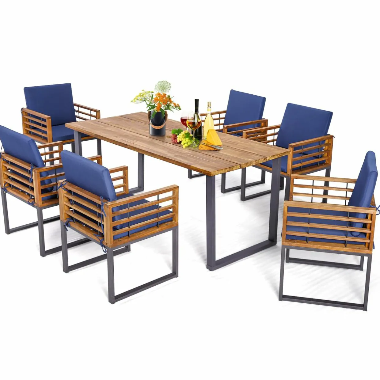 Tangkula 7 Piece Patio Dining Set, Acacia Wood Dining Chair & Table Set