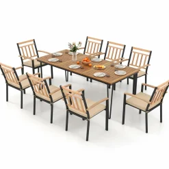 Tangkula 9 Piece Patio Dining Set, Outdoor Dining Furniture Set w/Rectangular Acacia Wood Dining Table & 8 Cushioned Chairs