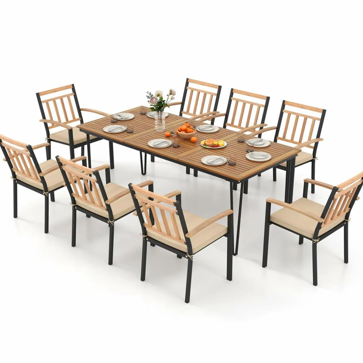 Tangkula 9 Piece Patio Dining Set, Outdoor Dining Furniture Set w/Rectangular Acacia Wood Dining Table & 8 Cushioned Chairs