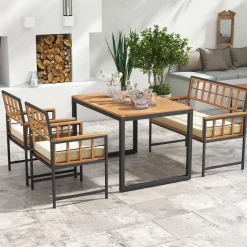 Tangkula 4 Piece Patio Dining Set, Outdoor Wood Dining Furniture W/ 2 Chairs & 1 Loveseat, 47” Acacia Wood Table W/Umbrella Hole