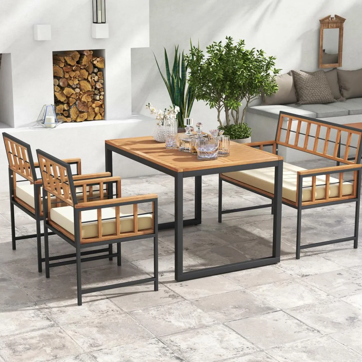 Tangkula 4 Piece Patio Dining Set, Outdoor Wood Dining Furniture W/ 2 Chairs & 1 Loveseat, 47” Acacia Wood Table W/Umbrella Hole