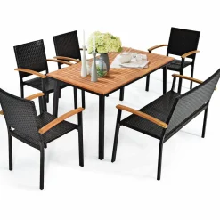 Tangkula 6 Piece Patio Dining Set, Outdoor Acacia Wood Dining Furniture w/Acacia Wood Table Top