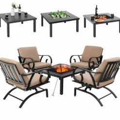 Tangkula 5 Piece Patio Dining Set, Heavy-Duty Rocking Chairs with 4-in-1 Fire Pit Table