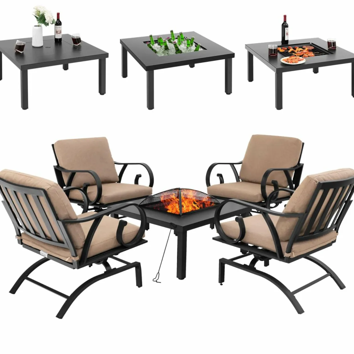 Tangkula 5 Piece Patio Dining Set, Heavy-Duty Rocking Chairs with 4-in-1 Fire Pit Table
