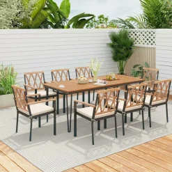 Tangkula 9 Piece Patio Dining Set, Outdoor Rectangular Dining Table w/Acacia Wood Top & Umbrella Hole