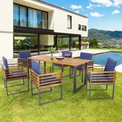 Tangkula 7 Piece Patio Dining Set, Acacia Wood Dining Chair & Table Set
