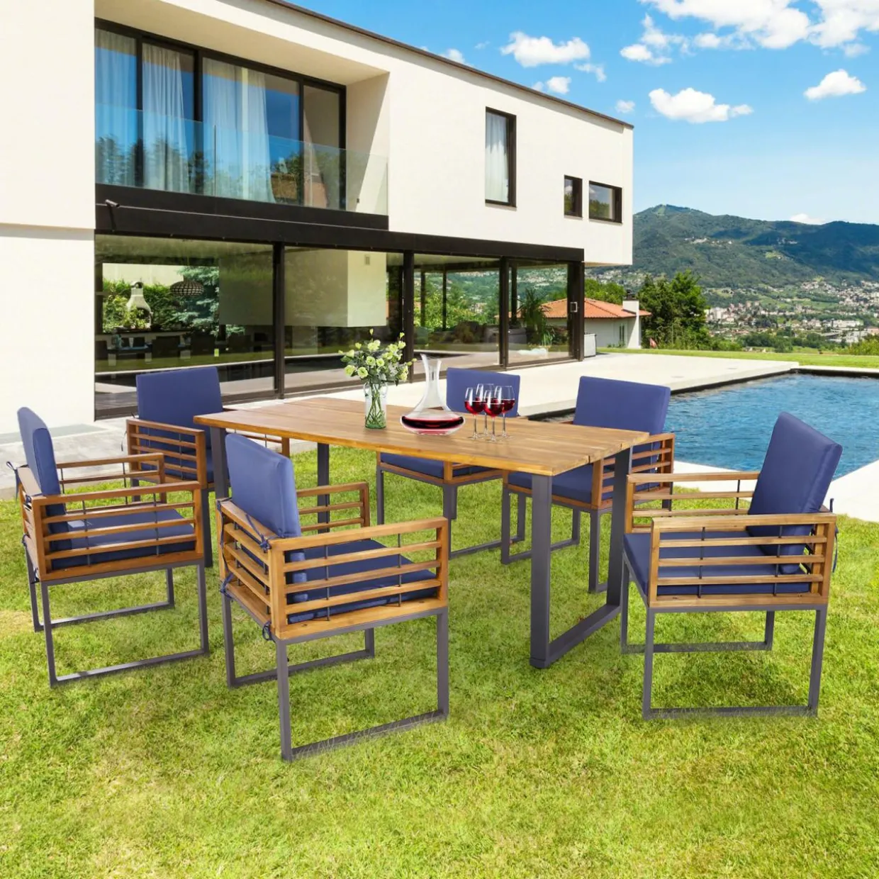 Tangkula 7 Piece Patio Dining Set, Acacia Wood Dining Chair & Table Set