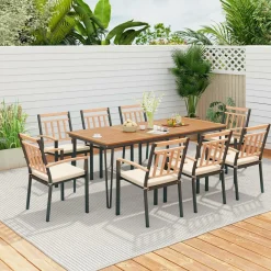 Tangkula 9 Piece Patio Dining Set, Outdoor Dining Furniture Set w/Rectangular Acacia Wood Dining Table & 8 Cushioned Chairs