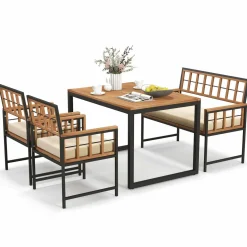 Tangkula 4 Piece Patio Dining Set, Outdoor Wood Dining Furniture W/ 2 Chairs & 1 Loveseat, 47” Acacia Wood Table W/Umbrella Hole