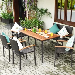 Tangkula 6 Piece Patio Dining Set, Outdoor Acacia Wood Dining Furniture w/Acacia Wood Table Top