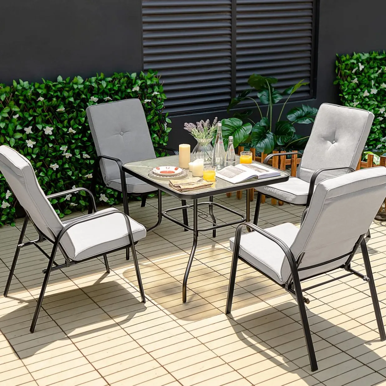 Tangkula 5 Piece Patio Dining Set, Outdoor 35 Inches Square Tempered Glass Table