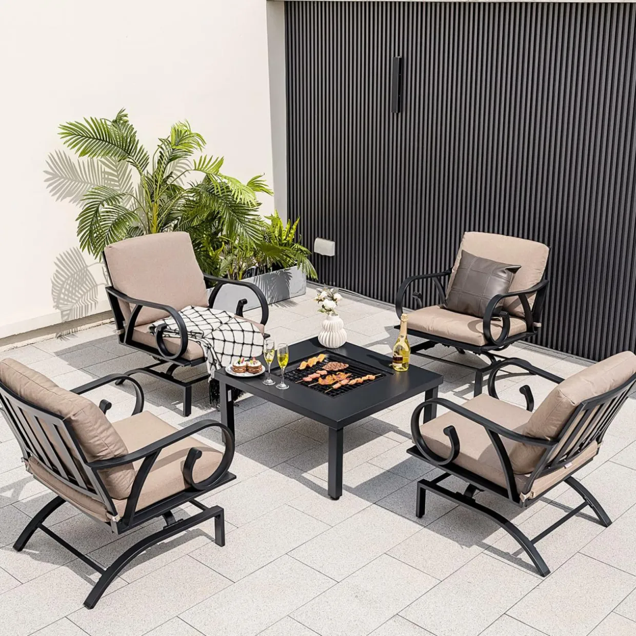 Tangkula 5 Piece Patio Dining Set, Heavy-Duty Rocking Chairs with 4-in-1 Fire Pit Table