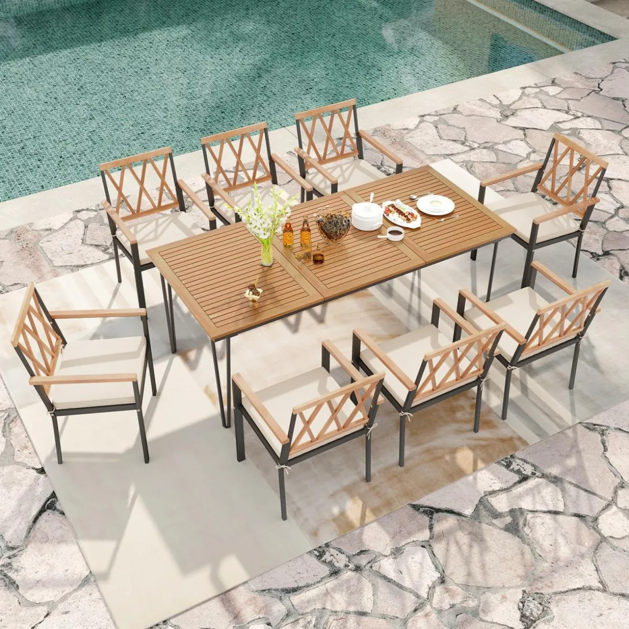 Tangkula 9 Piece Patio Dining Set, Outdoor Rectangular Dining Table w/Acacia Wood Top & Umbrella Hole
