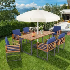 Tangkula 7 Piece Patio Dining Set, Acacia Wood Dining Chair & Table Set
