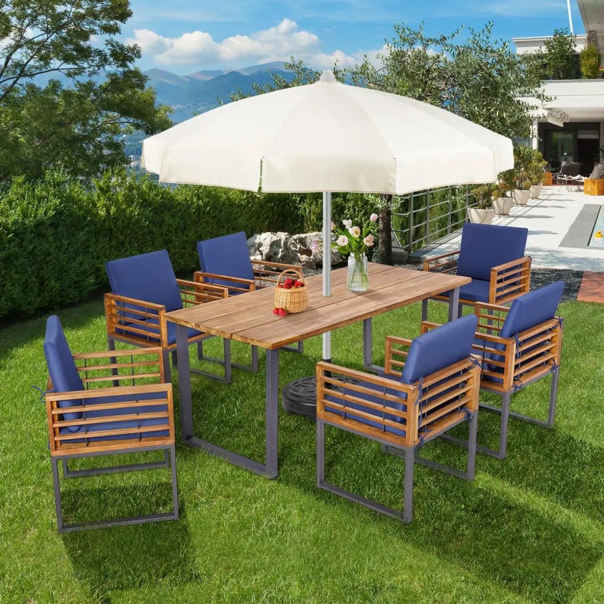 Tangkula 7 Piece Patio Dining Set, Acacia Wood Dining Chair & Table Set