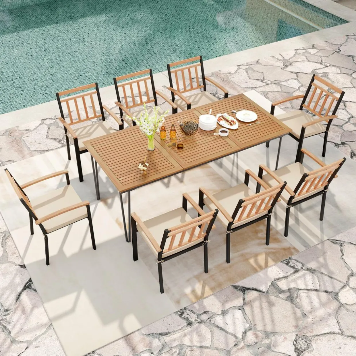 Tangkula 9 Piece Patio Dining Set, Outdoor Dining Furniture Set w/Rectangular Acacia Wood Dining Table & 8 Cushioned Chairs