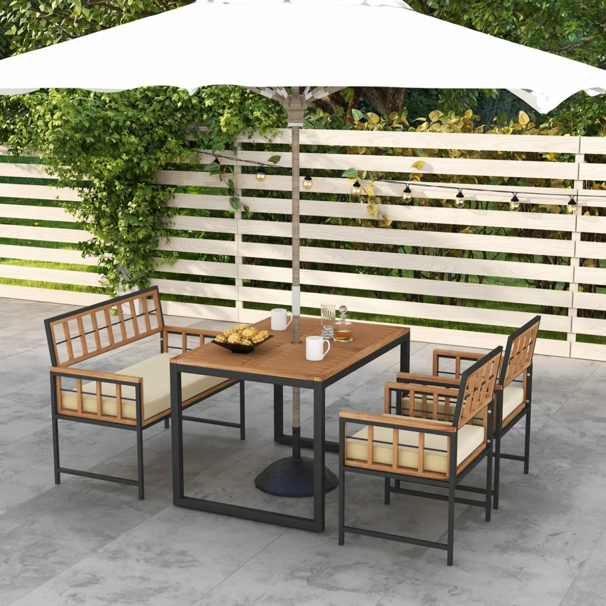 Tangkula 4 Piece Patio Dining Set, Outdoor Wood Dining Furniture W/ 2 Chairs & 1 Loveseat, 47” Acacia Wood Table W/Umbrella Hole