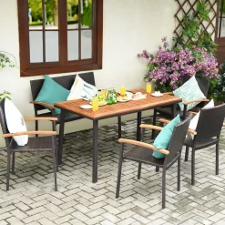 Tangkula 6 Piece Patio Dining Set, Outdoor Acacia Wood Dining Furniture w/Acacia Wood Table Top