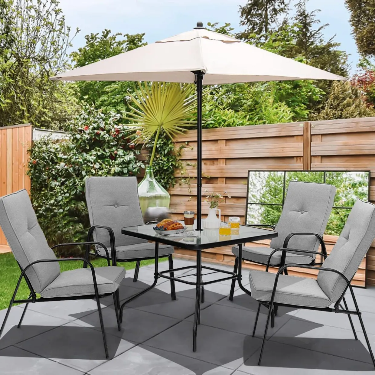Tangkula 5 Piece Patio Dining Set, Outdoor 35 Inches Square Tempered Glass Table