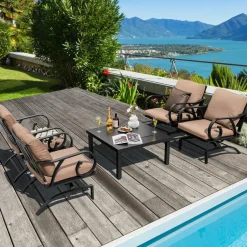 Tangkula 5 Piece Patio Dining Set, Heavy-Duty Rocking Chairs with 4-in-1 Fire Pit Table