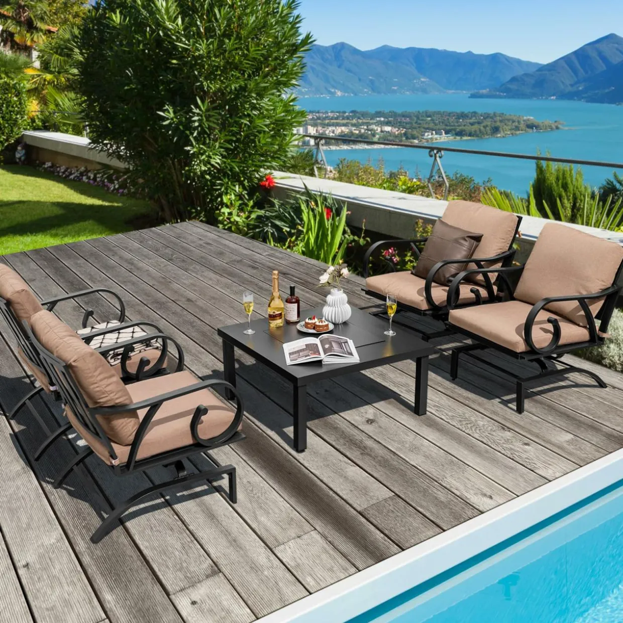 Tangkula 5 Piece Patio Dining Set, Heavy-Duty Rocking Chairs with 4-in-1 Fire Pit Table