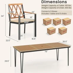 Tangkula 9 Piece Patio Dining Set, Outdoor Rectangular Dining Table w/Acacia Wood Top & Umbrella Hole