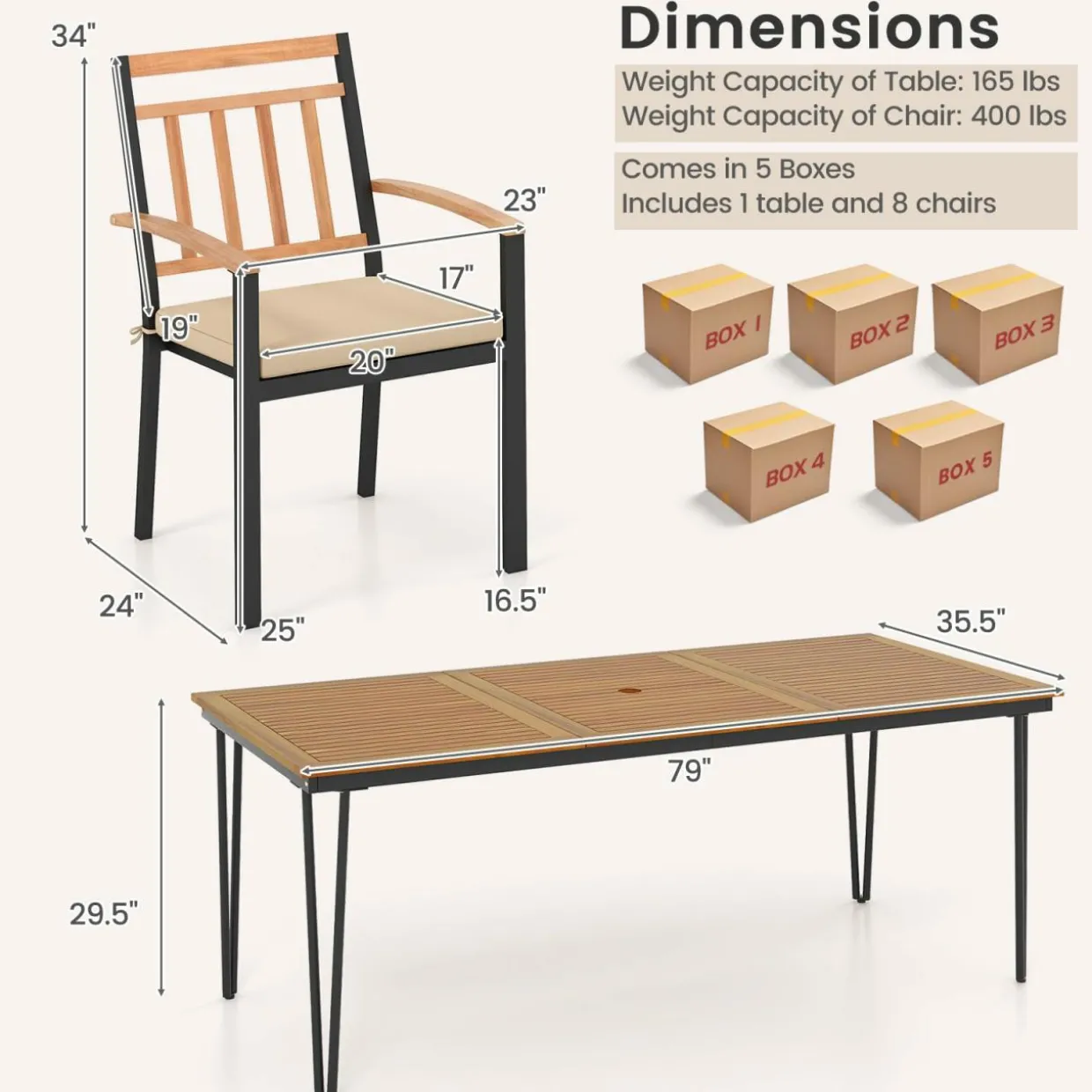 Tangkula 9 Piece Patio Dining Set, Outdoor Dining Furniture Set w/Rectangular Acacia Wood Dining Table & 8 Cushioned Chairs