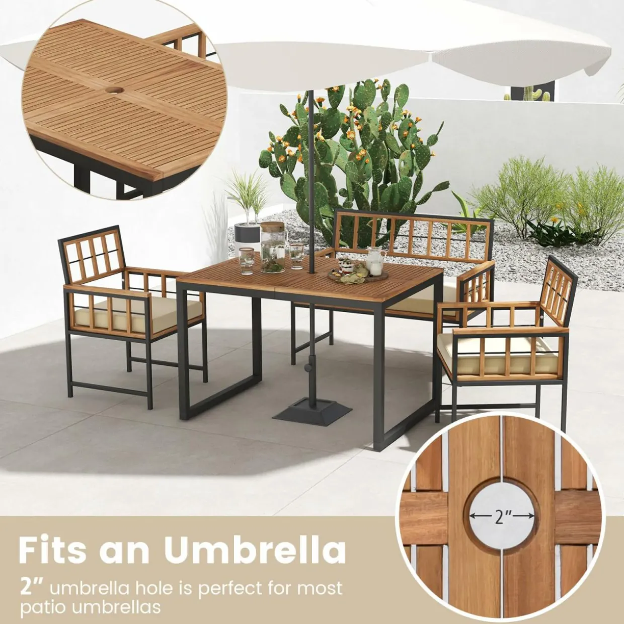 Tangkula 4 Piece Patio Dining Set, Outdoor Wood Dining Furniture W/ 2 Chairs & 1 Loveseat, 47” Acacia Wood Table W/Umbrella Hole