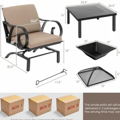 Tangkula 5 Piece Patio Dining Set, Heavy-Duty Rocking Chairs with 4-in-1 Fire Pit Table