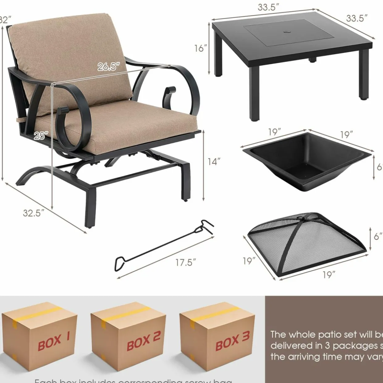 Tangkula 5 Piece Patio Dining Set, Heavy-Duty Rocking Chairs with 4-in-1 Fire Pit Table