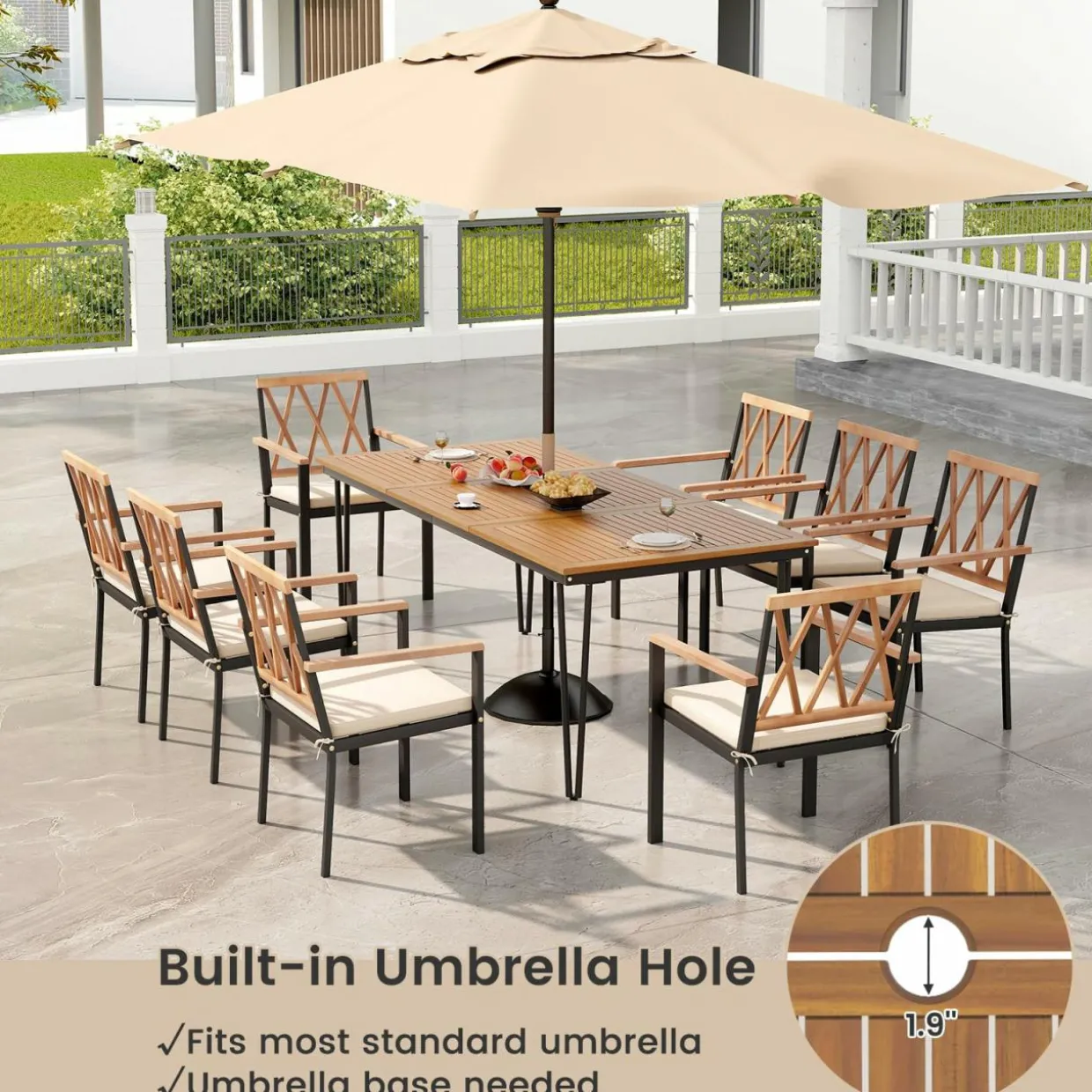 Tangkula 9 Piece Patio Dining Set, Outdoor Rectangular Dining Table w/Acacia Wood Top & Umbrella Hole