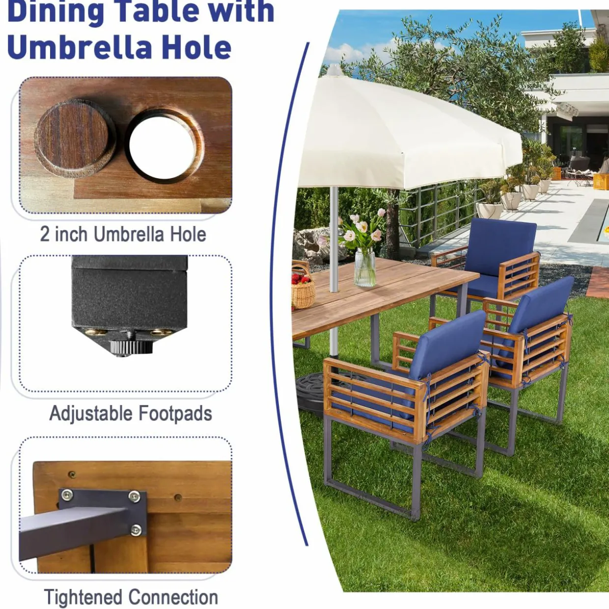 Tangkula 7 Piece Patio Dining Set, Acacia Wood Dining Chair & Table Set