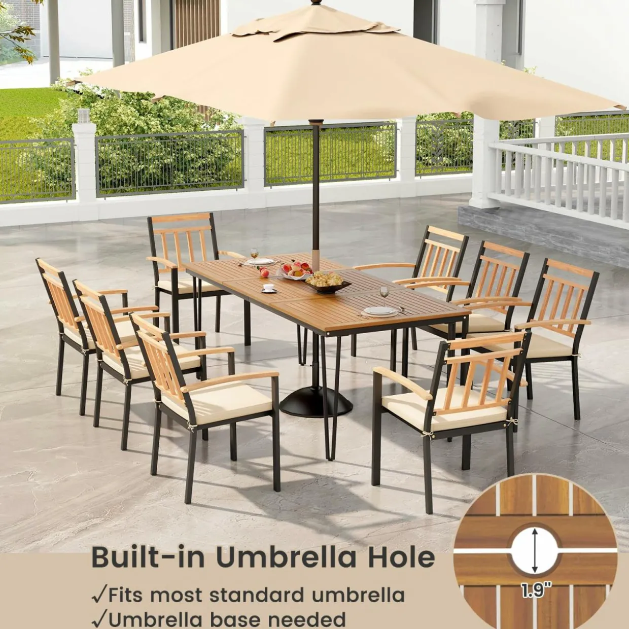 Tangkula 9 Piece Patio Dining Set, Outdoor Dining Furniture Set w/Rectangular Acacia Wood Dining Table & 8 Cushioned Chairs