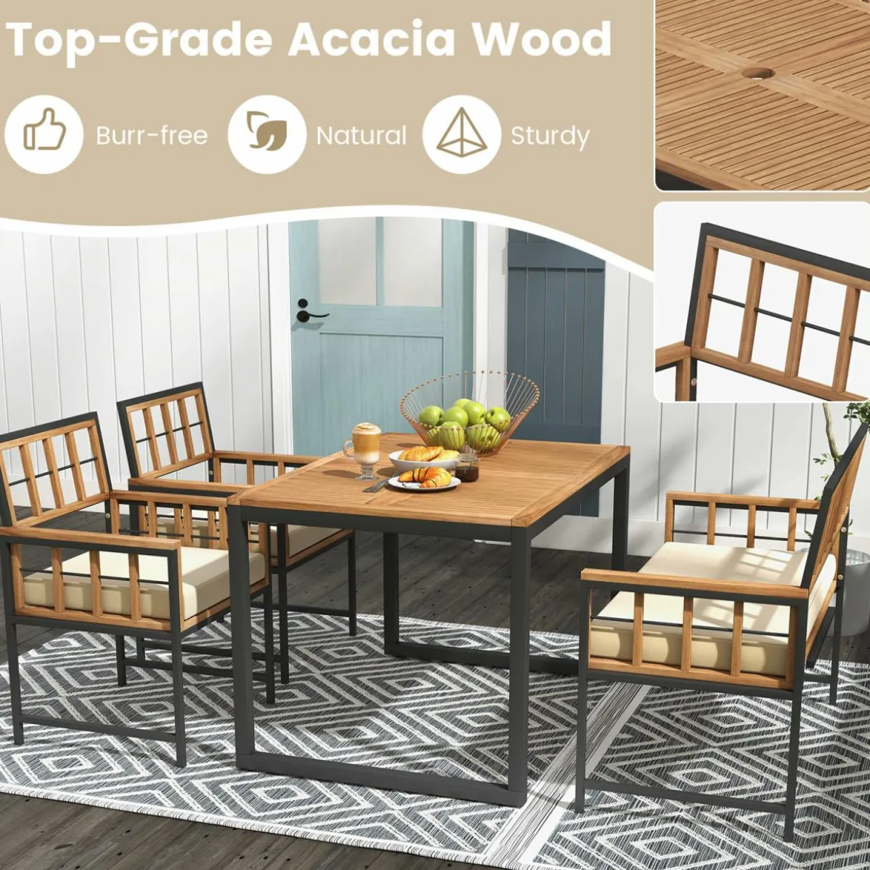Tangkula 4 Piece Patio Dining Set, Outdoor Wood Dining Furniture W/ 2 Chairs & 1 Loveseat, 47” Acacia Wood Table W/Umbrella Hole