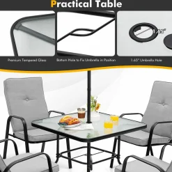 Tangkula 5 Piece Patio Dining Set, Outdoor 35 Inches Square Tempered Glass Table