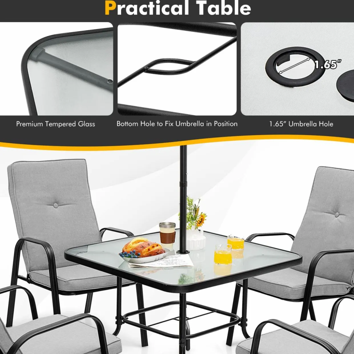 Tangkula 5 Piece Patio Dining Set, Outdoor 35 Inches Square Tempered Glass Table