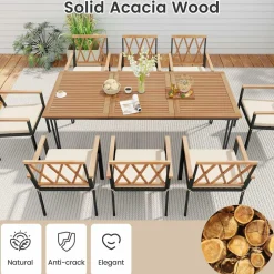 Tangkula 9 Piece Patio Dining Set, Outdoor Rectangular Dining Table w/Acacia Wood Top & Umbrella Hole