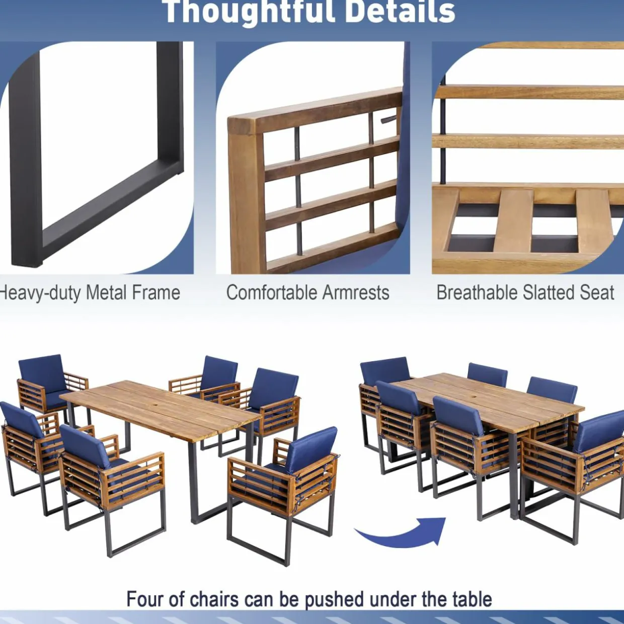 Tangkula 7 Piece Patio Dining Set, Acacia Wood Dining Chair & Table Set