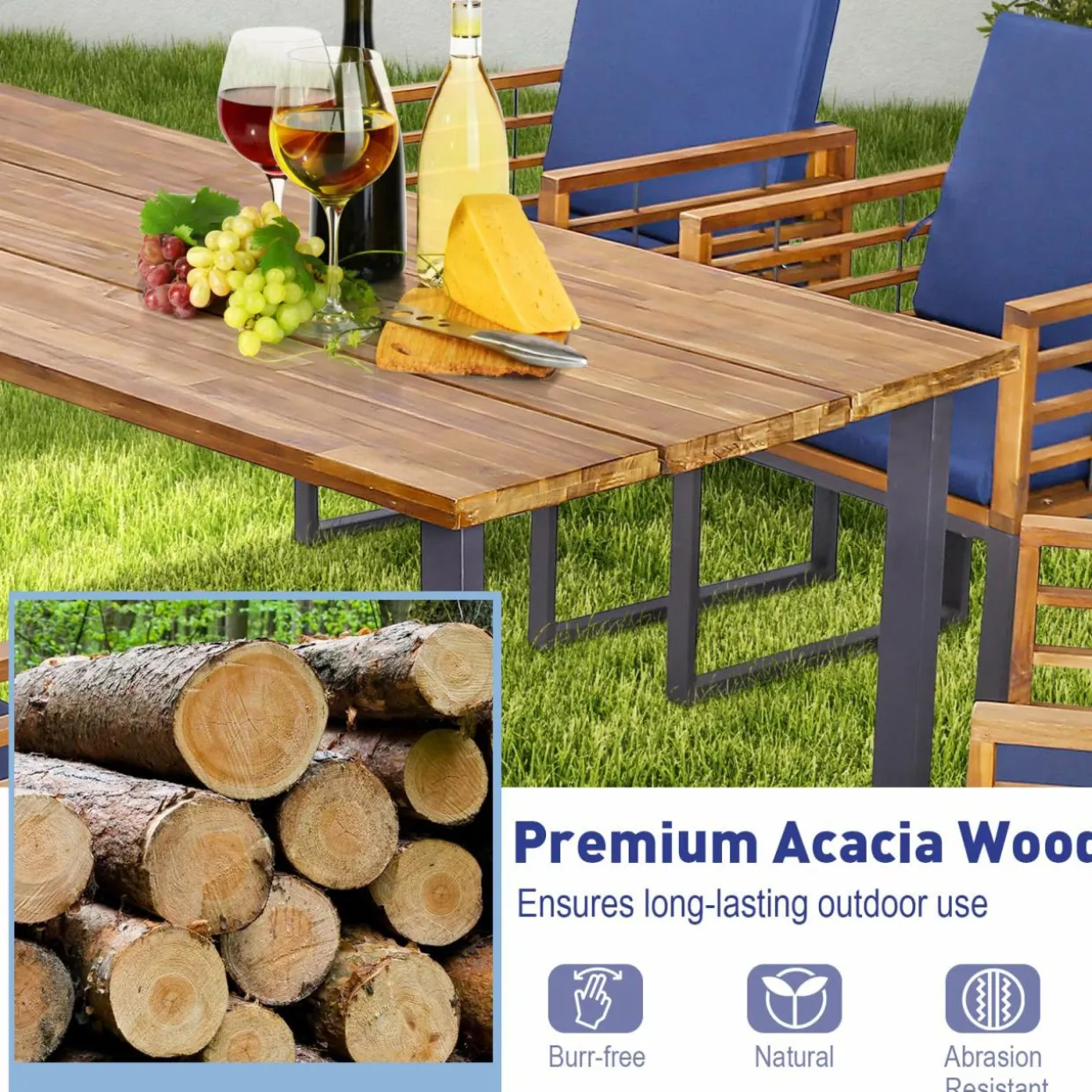 Tangkula 7 Piece Patio Dining Set, Acacia Wood Dining Chair & Table Set