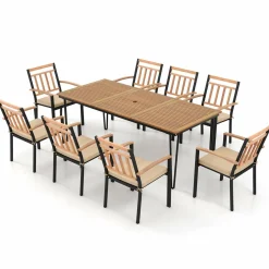 Tangkula 9 Piece Patio Dining Set, Outdoor Dining Furniture Set w/Rectangular Acacia Wood Dining Table & 8 Cushioned Chairs