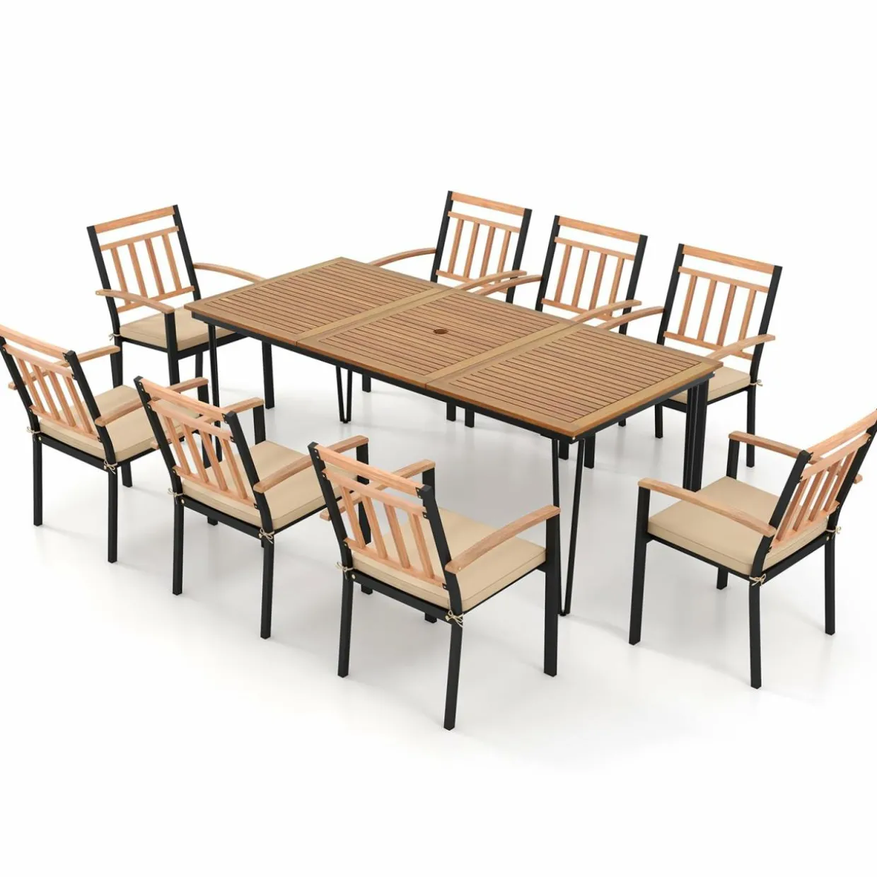 Tangkula 9 Piece Patio Dining Set, Outdoor Dining Furniture Set w/Rectangular Acacia Wood Dining Table & 8 Cushioned Chairs